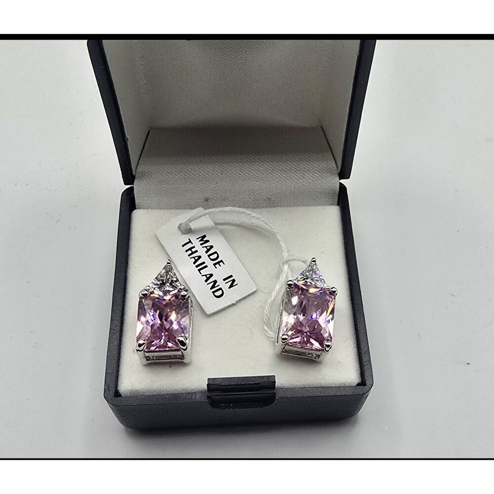 Vintage Pink CZ Earrings Emerald Cut Studs Made in Thailand Boxed